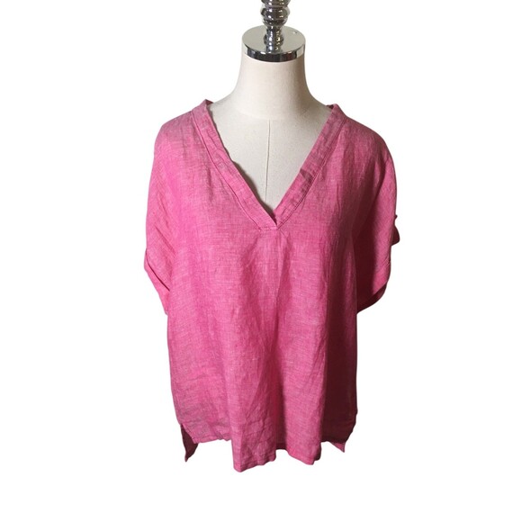 Isaac Mizrahi Top Women's Size Large Pink 100% Linen V-Neck Short Sleeve - Picture 1 of 5